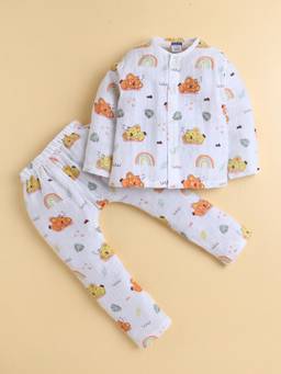 Polka Tots - Muslin Cotton Full Sleeve Koala Print Jabla and Pant -White