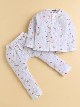 Polka Tots - Muslin Cotton Full Sleeve Deer Print Jabla and Pant -White