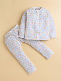 Polka Tots - Muslin Cotton Full Sleeve Candy Print Jabla and Pant -Multi-Colour