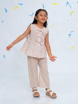 Polka Tots - Cotton Sleeveless Abstract Print Top With Pant -Beige