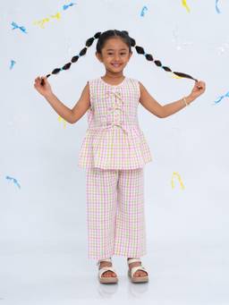 Polka Tots - Cotton Sleeveless Checks Print Co-Ord Set-Multi-Colour