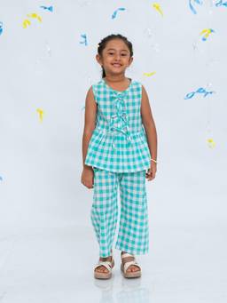 Polka Tots - Cotton Sleeveless Checks Print Co-Ord Set-Aqua