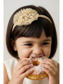 Choko - Girls Beige Ruffled Tulle Pearl Cluster Headband(0-36 Months)