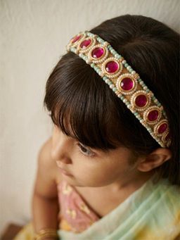 Choko - Girls Red Kundan Handcrafted Hairband(3-12 Years)