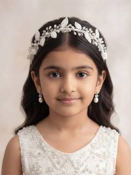 Choko - Girls White Pearl Leaf Crown Handcrafted Hairband(3-12 Years)