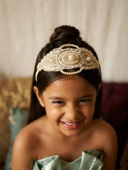 Choko - White Pearl Beaded Embellished Wide Hairband(3-12 Years)