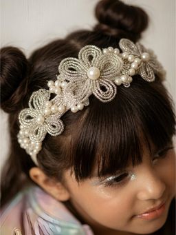 Choko - Silver Beaded Flower Design Pearl Hairband(3-12 Years)