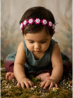 Choko - Girls Pink Crochet Floral Pearl Studded Headband(0-36 Months)
