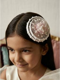 Choko - Pink Pearl Studded Mesh Floral Fascinator Hair Clip(3-12 Years)