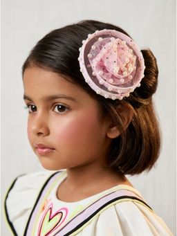Choko - Pink Pearl Glitter Mesh Rose Fascinator Hair Clip(3-12 Years)