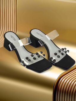 Metro - Women Black Square Toe Casual Sandal Heels