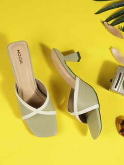 Mochi - Women Green Square Toe Casual Sandal Heels