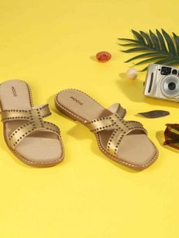 Mochi - Women Antique Gold Open Toe Casual Flats