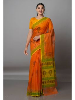 Unnati Silks - Orange Pure Block Printed Kota Cotton Saree with Unstitched Blouse