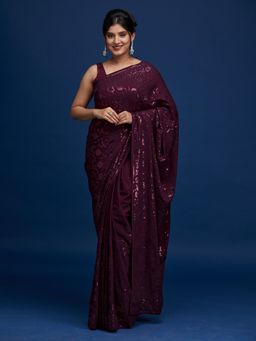 Koskii - Wine Embellished Georgette Saree with Unstitched Blouse