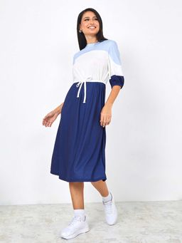 Styli - Blue 3/4 Sleeves Colorblock Midi Dress With Drawcord Waist