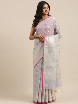 Banarasi Silk Works - Grey Masrise Cotton Tilfi Jaal Zari Border Saree with Unstitched Blouse