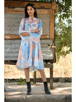 Zolo Label - Blue Marble Print Embroidery Midi Dress