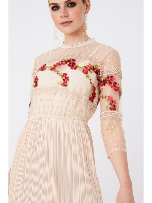 Buy Little Mistress Hana Nude Floral-Embroidered Midi Dress (L) Online