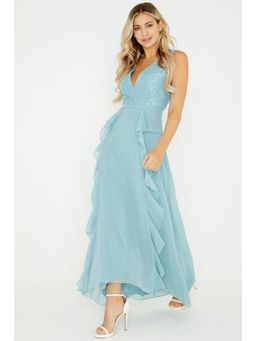 Little Mistress - Clarita Blue Plunge Maxi Dress With Lace (S)