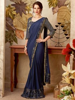 Odette - Dark Blue Lycra Designer Saree with Unstitched Blouse