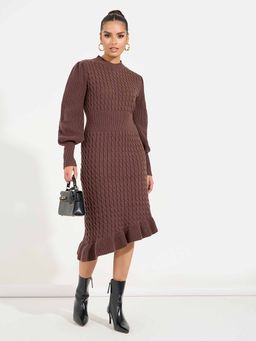 Styli - Women's Brown Asymmetric Textured Midi Dress