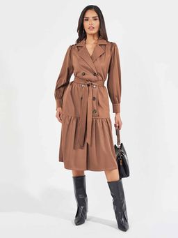 Styli - Women's Brown Solid Long Sleeves Midi Dress with Belt (Set of 2)