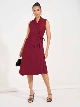 Styli - Women's Maroon Solid Tie-Up Sleeveless Midi Dress