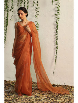 Charkhee - Spice Orange Organza Naskhi Saree with Stitched Blouse