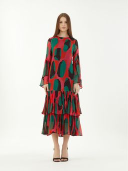 KoAi - Red, Green and Black Abstract Frill Dress