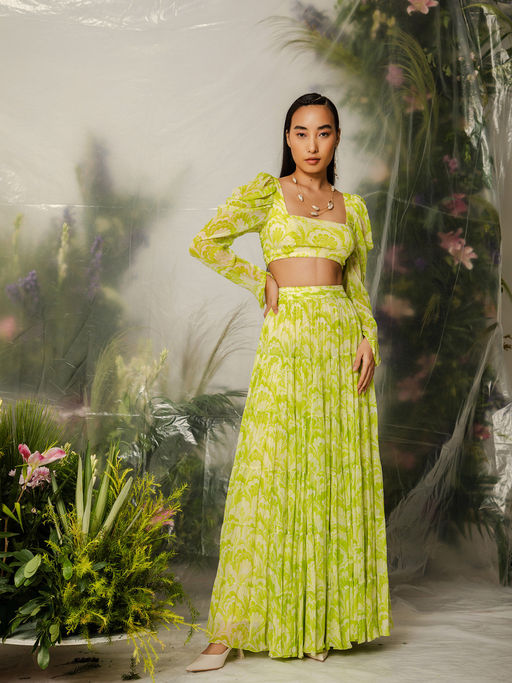 Buy THE IASO Green Kioko Crop Top Midi Skirt (Set of 2) Online