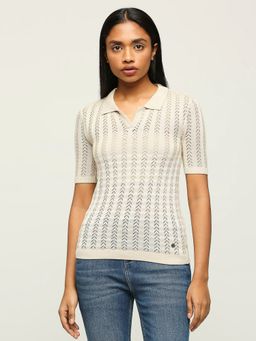 Pepe Jeans - Beige Striped Short Sleeved Flat Knit Top