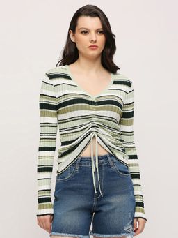 Pepe Jeans - Green Striped Full Sleeved Flat Knit Top