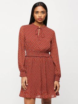 Pepe Jeans - Red Printed Long Sleeved Flared Dress