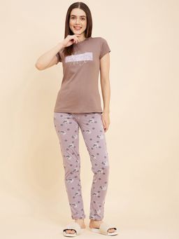 Sweet Dreams - Women Printed Half Sleeves T-Shirt And Pyjama-Lavender (Set of 2)