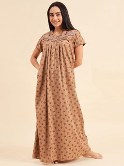 Sweet Dreams - Women Printed Half Sleeves Night Gown - Khaki