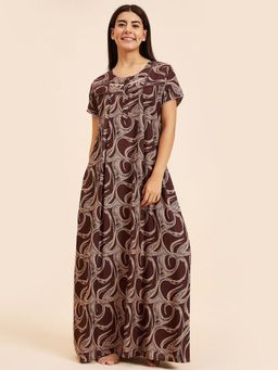 Sweet Dreams - Women Printed Half Sleeves Night Gown - Brown