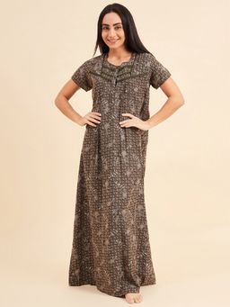 Sweet Dreams - Women Printed Half Sleeves Night Gown - Brown