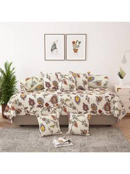 Story@Home - Ivory & Brown Floral Print Microfiber Diwan Bedsheet & Cushion Cover