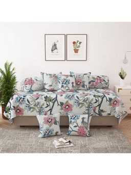 Story@Home - White & Pink Floral Print Microfiber Diwan Bedsheet & Cushion Cover