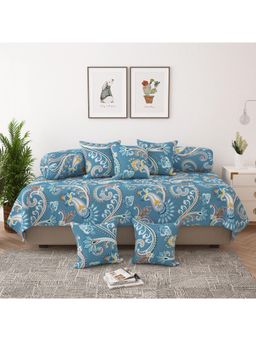 Story@Home - Dusty Blue Floral Print Microfiber Diwan Bedsheet & Cushion Cover
