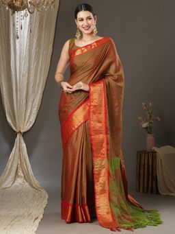 Akhilam - Womens Aura Silk Orange Woven Designer Saree with Unstitched Blouse