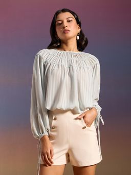 RSVP by Nykaa Fashion - Sage Green Solid Round Neck Bishop Sleeves Blouson Top