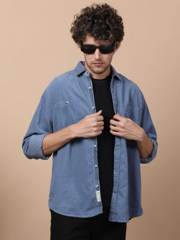 KUONS AVENUE - Men Blue Corduroy Double Pocket Shirt