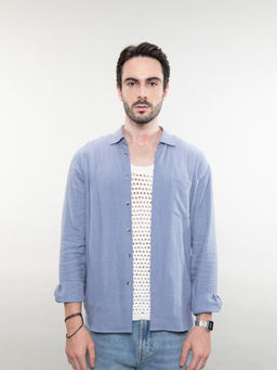PANGOLIN - Men Blue Relaxed Full-Sleeves Linen Shirt