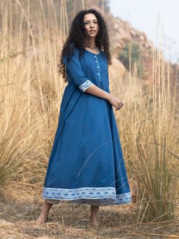 Akiso - Solid Blue Anarkali Kurta With Block Print Border And Lace Details