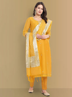 Mera Rang - Women Yellow Embroidered Kurta with Pant & Dupatta