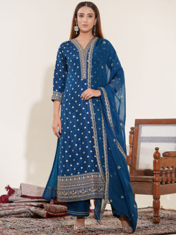 Autumnlane - Women Teal Floral Kurta with Pant & Dupatta