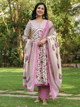 Rain & Rainbow - Women Pink Floral Anarkali Kurta with Pant & Dupatta