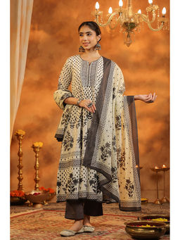 Rain & Rainbow - Women Grey Floral Anarkali Kurta with Pant & Dupatta